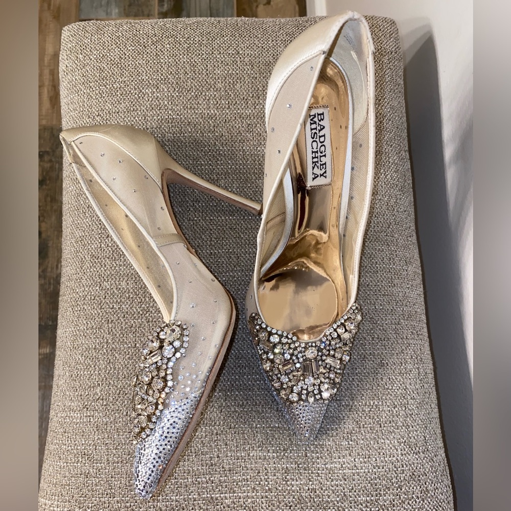 Badgley Mischka Quintana Mesh Embellished High-Heel Pumps in Champagne - Picture 10 of 16
